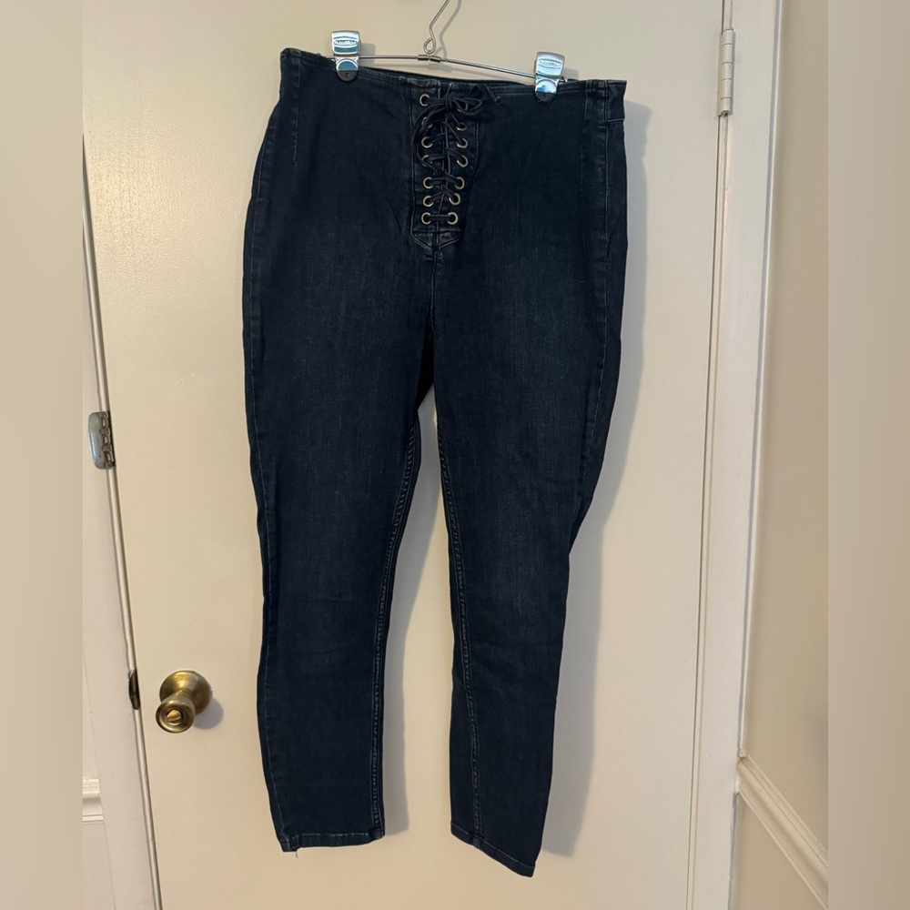 Free People High Rise Lace-Up Jeans in Dark Blue